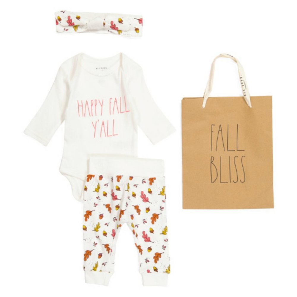 Rae Dunn 2pc Happy Fall Bodysuit Pant Set With Headband and Giftbag sz 3-6M